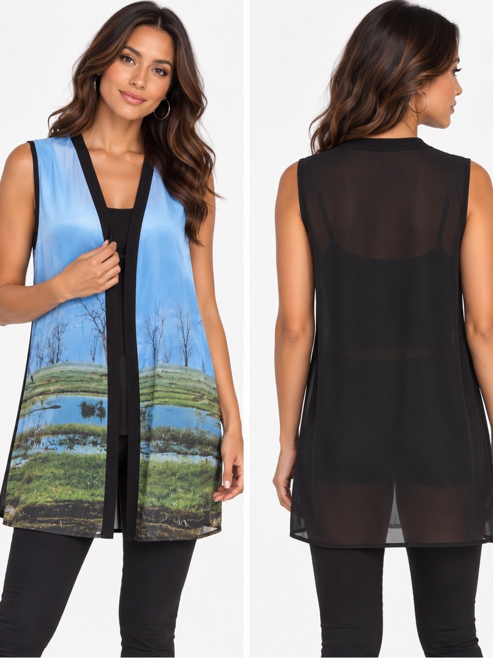VIDA Art-to-Wear Sheer Landscape Print Long Vest / Sleeveless Duster L